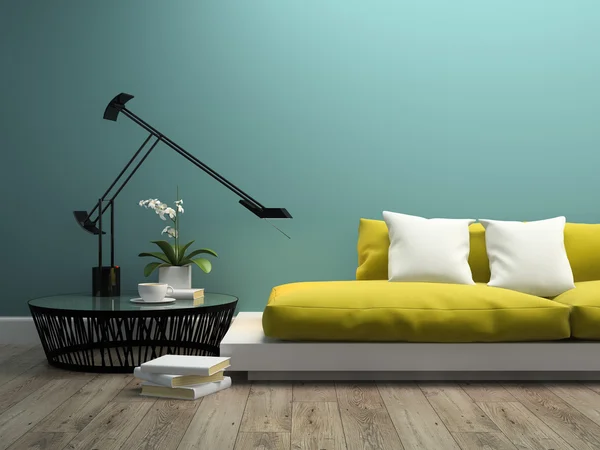 Часть интерьера с современным желтым диваном 3d рендеринг 2 — стоковое фото