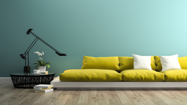 Part of interior with  modern yellow sofa 3d rendering