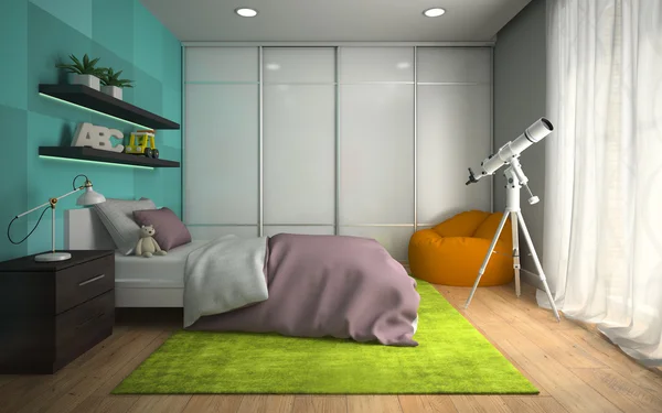 Wnętrza o nowoczesnym childroom z niebieską ścianą renderowania 3d 2 — Zdjęcie stockowe