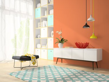 İç kırmızı vazo 3d render ile modern tasarım odası 2