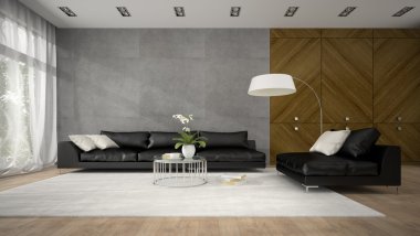 İç ahşap dolap 3d render ile modern tasarım odası