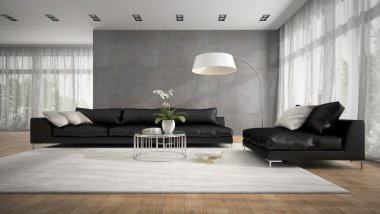 Siyah kanepe 3d render ile modern oda içi