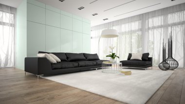 İç siyah kanepe 3d render ile modern tasarım odası