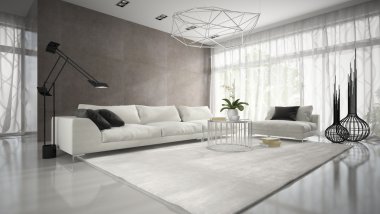 İç beyaz kanepe 3d render ile modern tasarım odası
