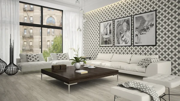 Interieur van woonkamer met stijlvolle wallpaper 3D-rendering 2 — Stockfoto