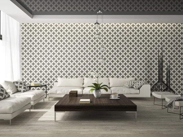 Interior da sala de estar com elegante papel de parede 3D renderização — Fotografia de Stock