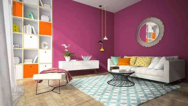 Interior da sala de estar de design moderno com espelho redondo 3D rende — Fotografia de Stock