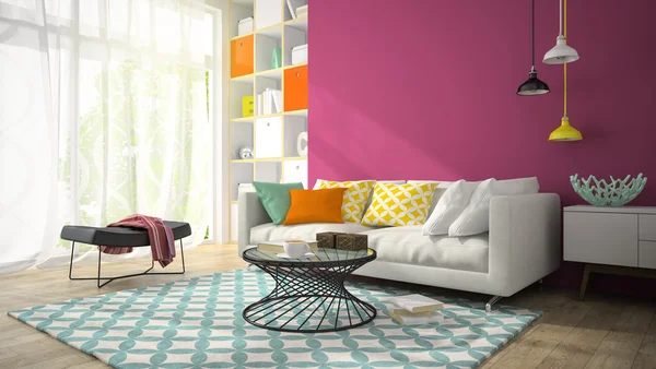 室内的紫色墙壁 3d 渲染与现代设计室 3 — 图库照片