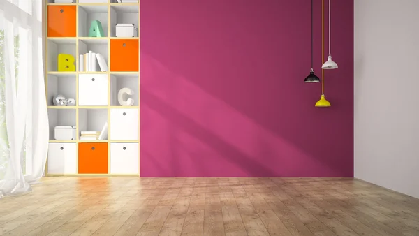 Sala de estar vazia com renderização 3D de parede roxa — Fotografia de Stock