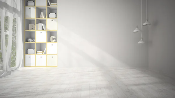 Sala de estar vacía con suelo de parquet blanco representación 3D —  Fotos de Stock