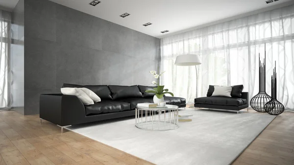 Interior of modern room with black couch 3D rendering 2 — Stock Photo, Image