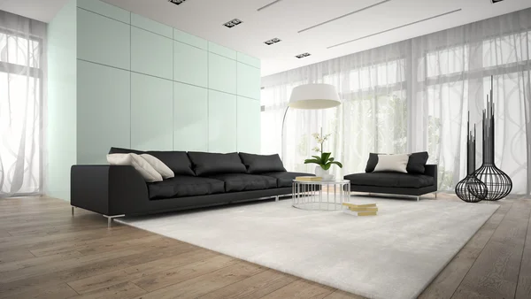 Interieur des modernen Designraums mit schwarzer Couch 3D-Rendering — Stockfoto