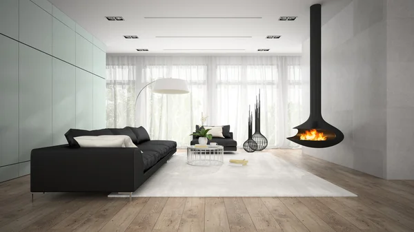 Interior de la habitación moderna con chimenea 3D renderizado —  Fotos de Stock