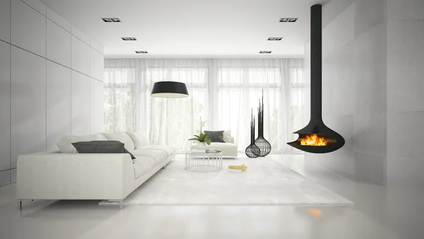 Interno di design moderno camera bianca con camino rendering 3D — Foto Stock