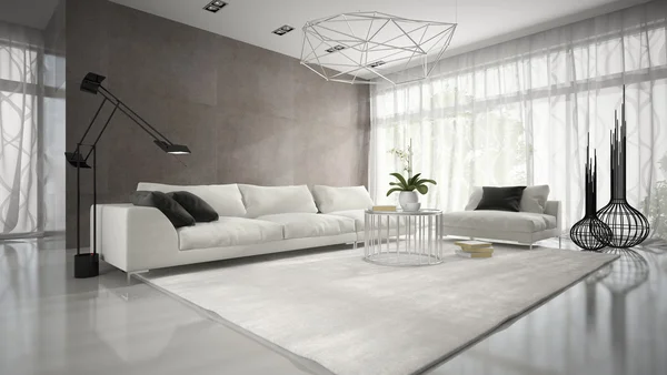 İç beyaz kanepe 3d render ile modern tasarım odası — Stok fotoğraf