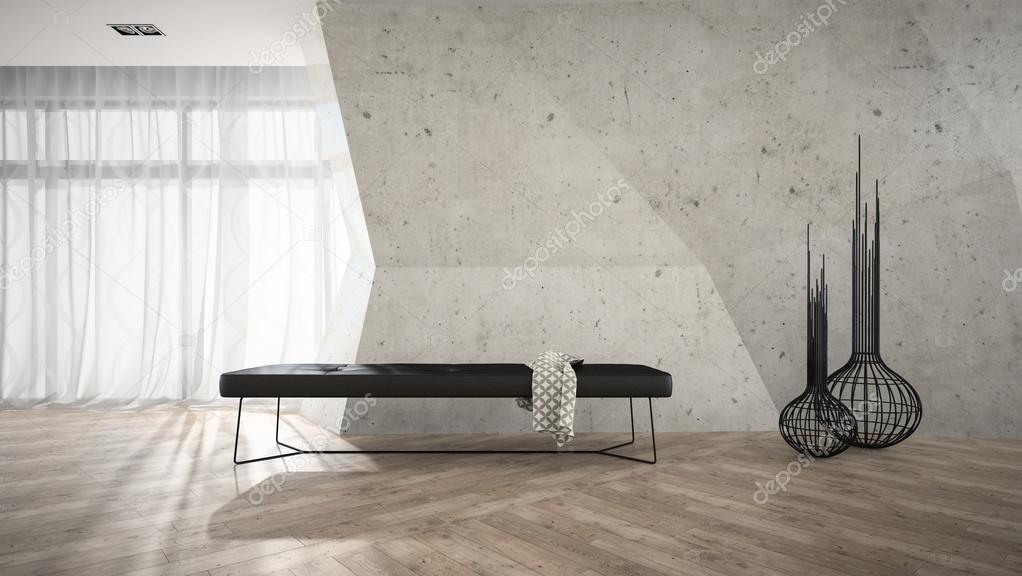 Part of stylish interior with black bench 3D rendering