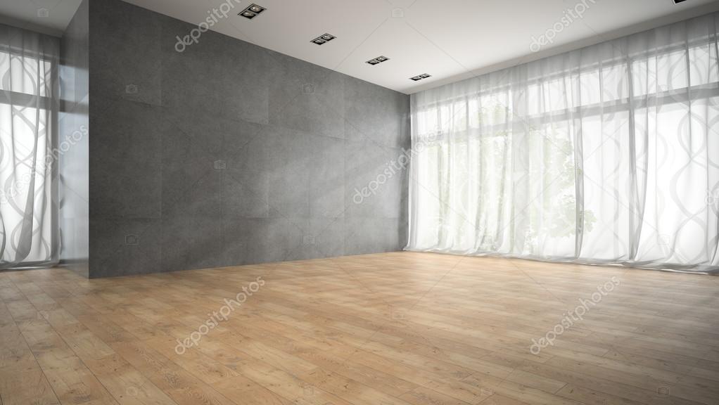 Empty modern design room with parquet floor 3D rendering 2