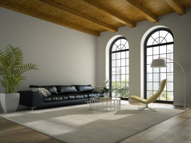 İç modern tasarım çatı siyah kanepe 3d render ile