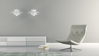 Beyaz lambalar ve koltuk 3d render ile iç parçası