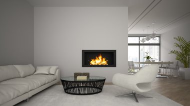 İç modern çatı şömine ve beyaz kanepe 3d render ile