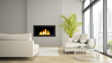 İç modern çatı şömine ve palmiye 3d render ile
