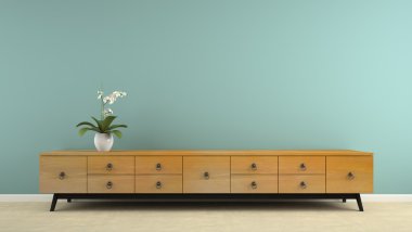 Şık retro konsol ve orkide iç parçası 3d render