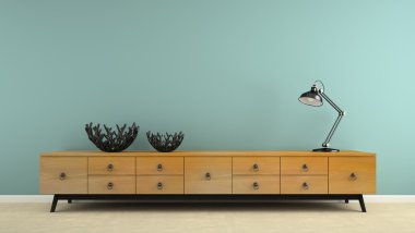 Retro konsol ve siyah lamba 3d render ile iç parçası