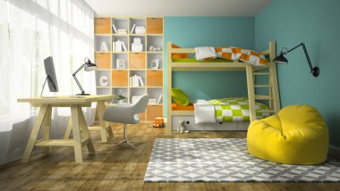 Interior of children room with bunk bed 3D rendering clipart
