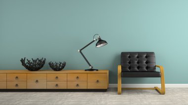 İki siyah vazo ve koltuk 3d render ile iç parçası