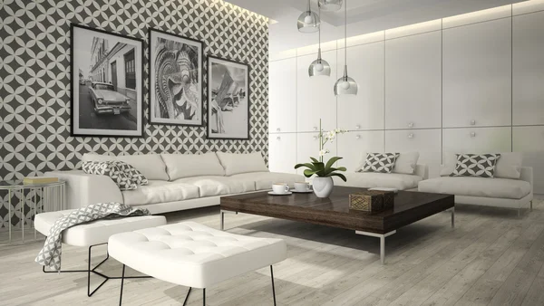 Interior of living room with stylish wallpaper 3D rendering 5 — Stock Photo, Image