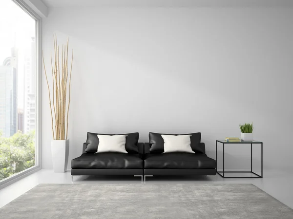 Parte del interior con sofá negro y almohadas blancas representación 3D — Foto de Stock