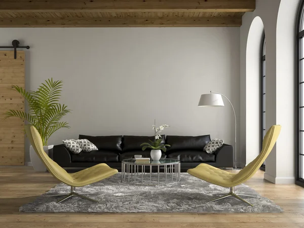 Interno del soppalco con divano nero rendering 3D 2 — Foto Stock