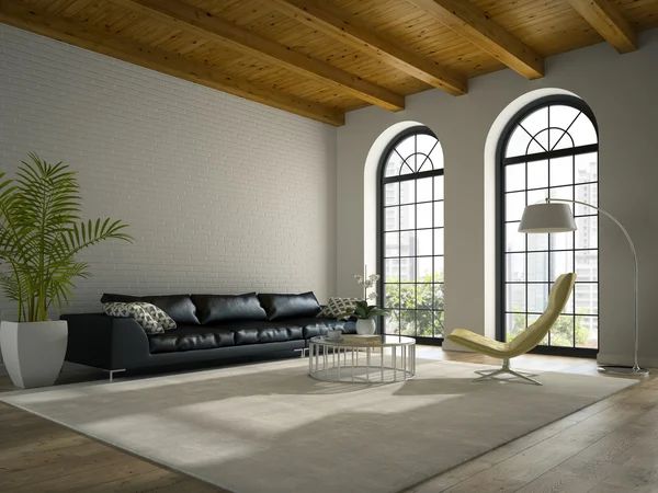 Interior do sótão de design moderno com sofá preto 3D renderização — Fotografia de Stock
