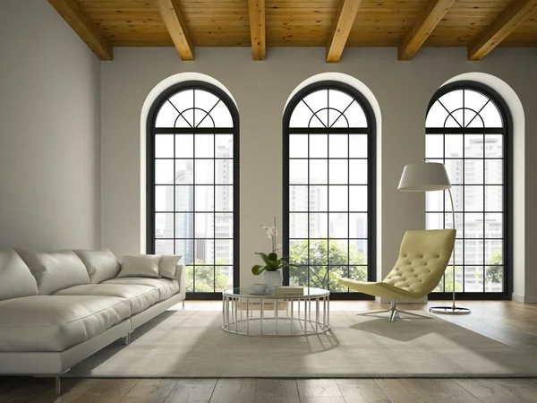 Interior do sótão de design moderno com sofá branco 3D renderização — Fotografia de Stock