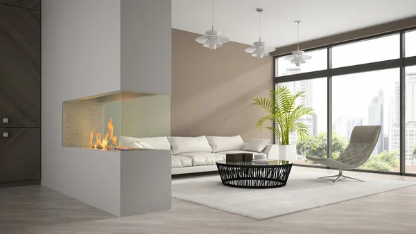Wnętrze nowoczesne poddasze z kominkiem i Biała kanapa render 3d — Zdjęcie stockowe