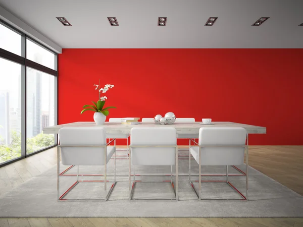 Interior del moderno comedor con pared roja representación 3D — Foto de Stock