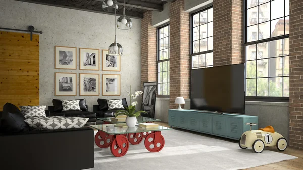 Интерьер современного дизайна лофт с черным диваном 3D рендеринг 2 — стоковое фото