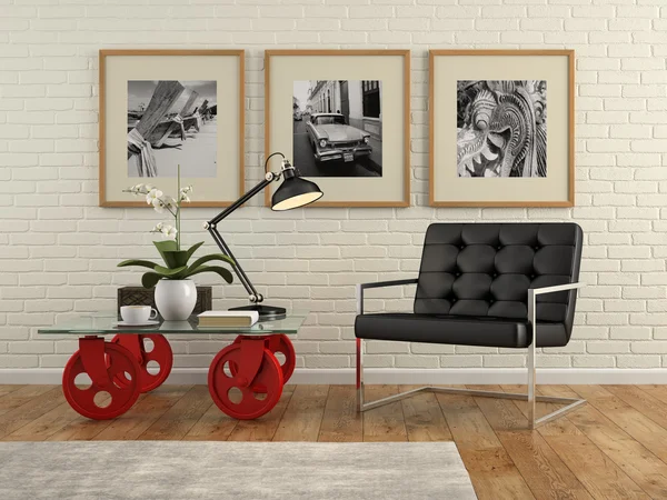 Part of  interior with brick wall and armchair 3D rendering — Stock Photo, Image