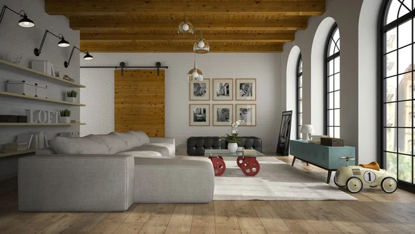 Interior del loft de diseño moderno con representación 3D de coche de juguete — Foto de Stock