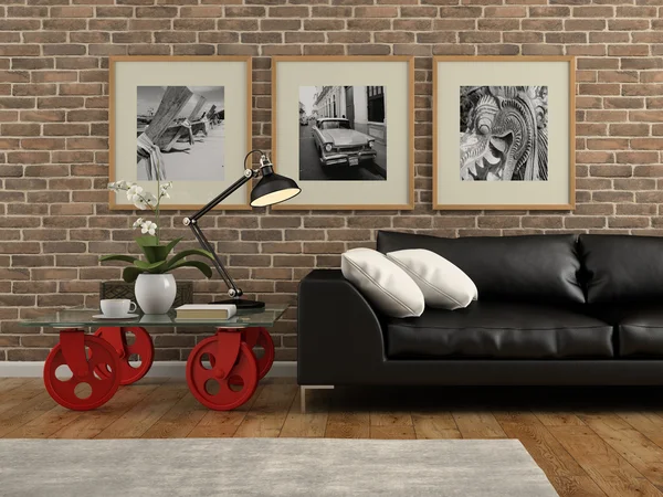 Parte del interior con pared de ladrillo 3D renderizado — Foto de Stock