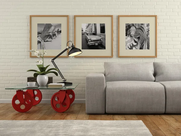 Parte di interni con muro di mattoni bianchi rendering 3D 3 — Foto Stock