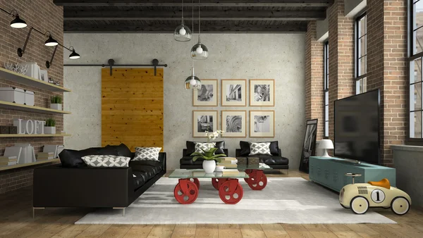 Wnętrze nowoczesne wzornictwo Loft z czarna sofa renderingu 3d — Zdjęcie stockowe