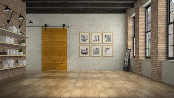 Empty loft room with wooden door 3D rendering 2
