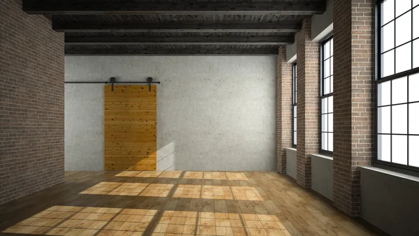 Habitación loft vacía con puerta de madera 3D renderizado — Foto de Stock