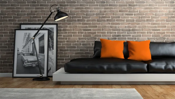 Parte do interior com parede de tijolo e sofá preto 3D renderização 2 — Fotografia de Stock