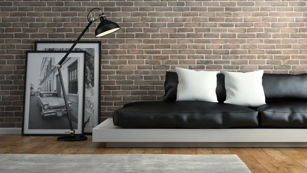 Часть интерьера с кирпичной стеной и черным диваном 3D рендеринг 3 — стоковое фото