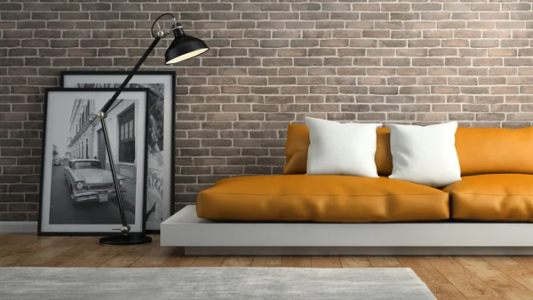 Parte do interior com parede de tijolo e sofá laranja 3D renderização — Fotografia de Stock