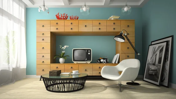 Интерьер комнаты ретро-дизайна с белым креслом 3D рендеринг — стоковое фото