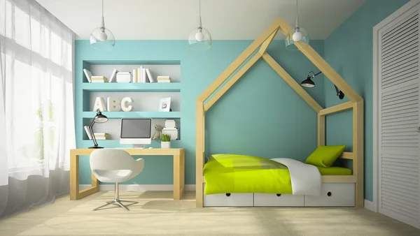 Interior de la habitación de diseño moderno con cama original 3D renderizado 2 — Foto de Stock