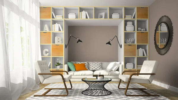 Interior da sala de design moderno com dois poltrona branca 3D render — Fotografia de Stock